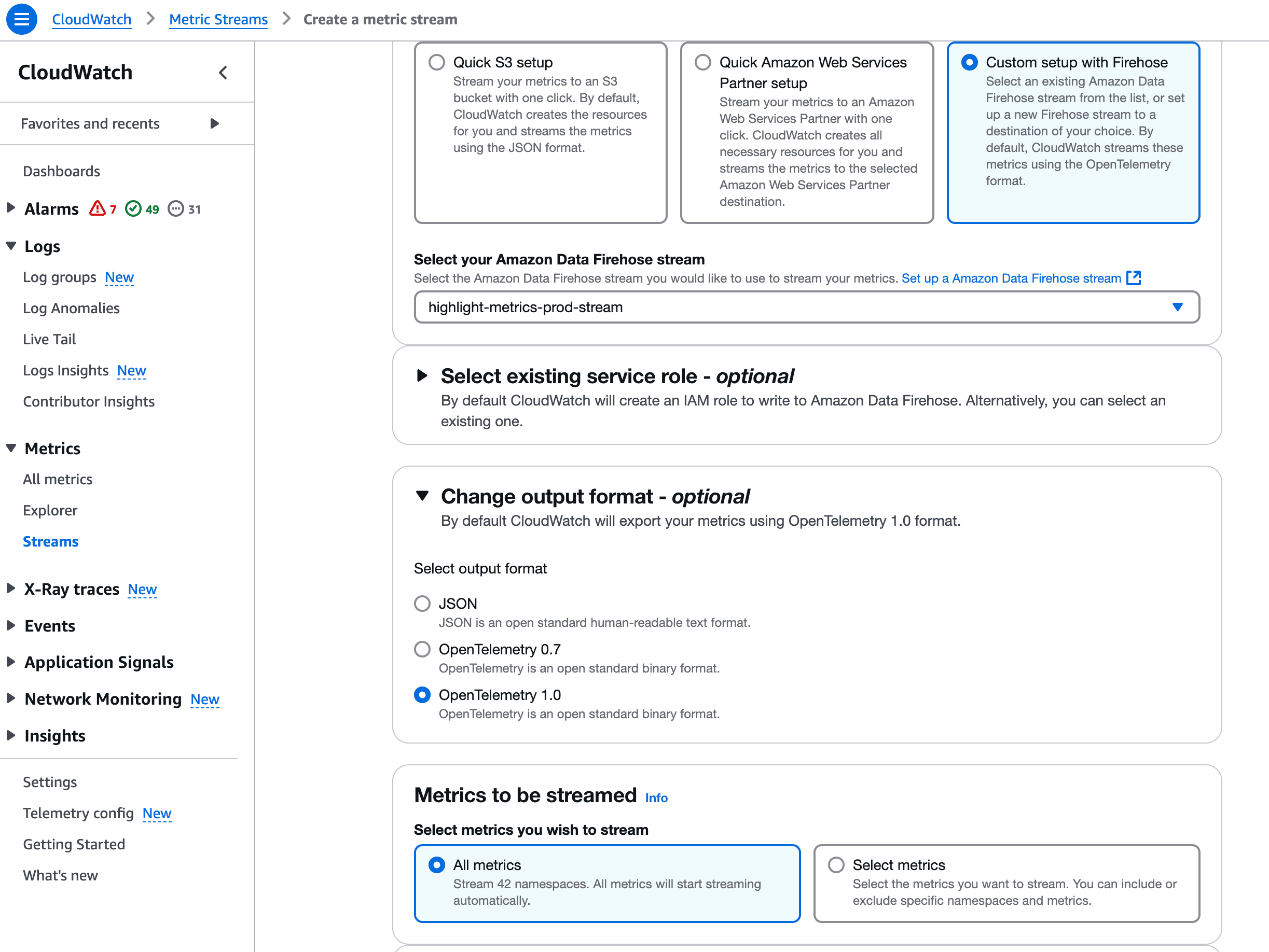 Create a CloudWatch Metric Stream